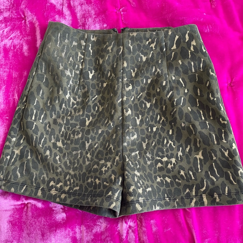 Green Suede Animal Print Shorts
